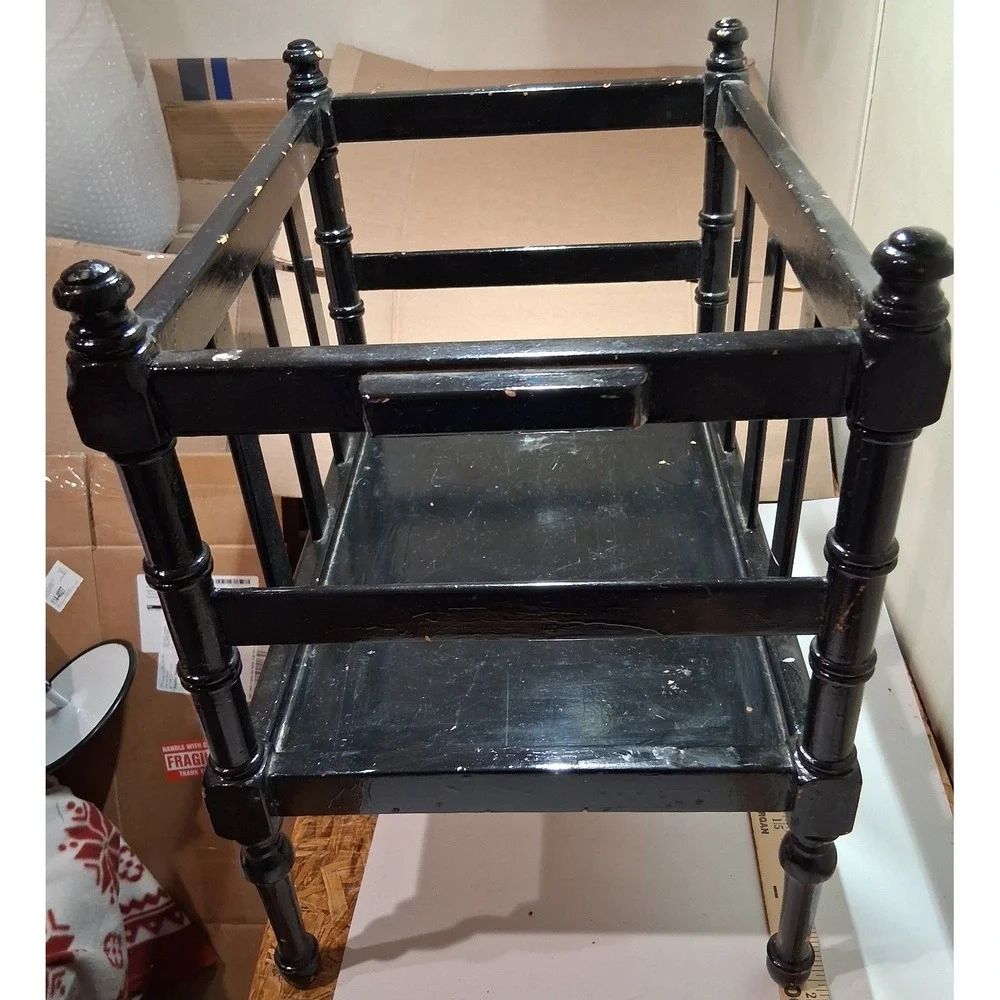 Vintage Black Wooden Spindle Magazine Rack Floor Stand Turned Wood Handle 17x12